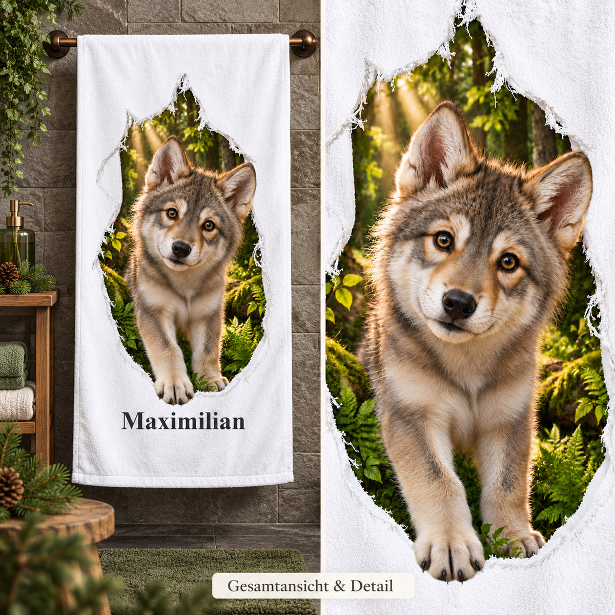 Gesamtansicht des personalisierten Wolf-Handtuchs mit Nahaufnahme des gedruckten Tiermotivs