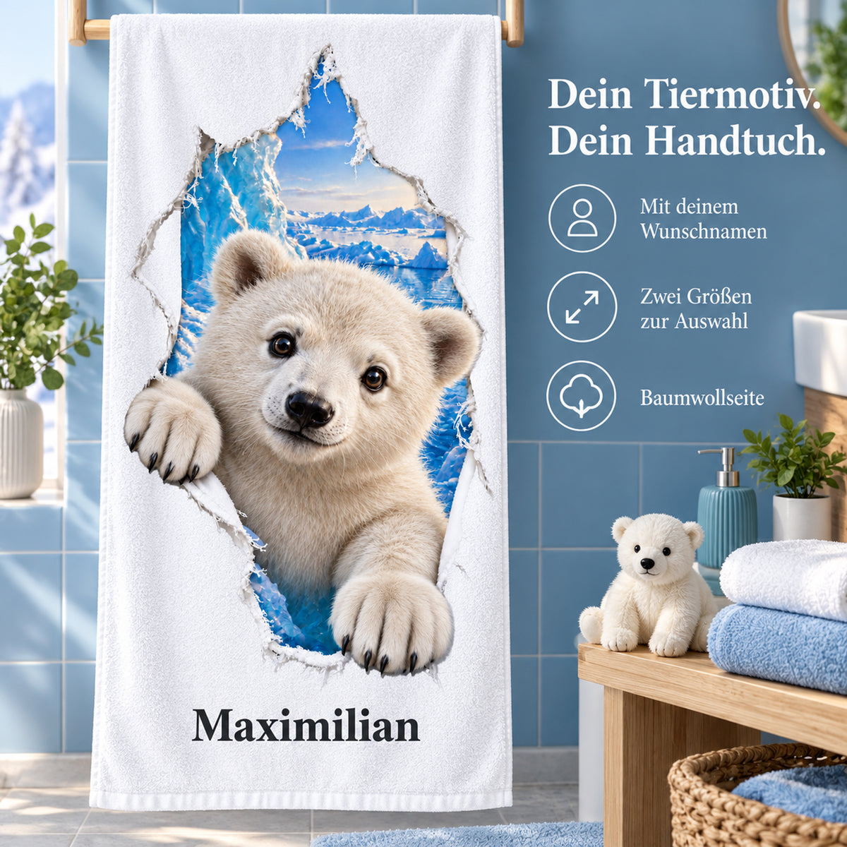 Handtuch mit Eisbär-Motiv, Namensaufdruck und Hinweisen zu Produkt und Größen