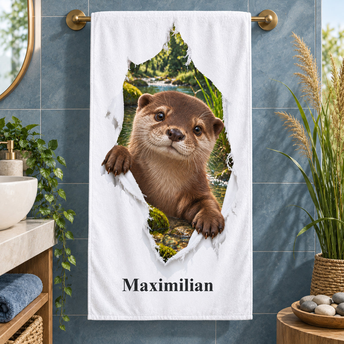 Handtuch mit Otter-Motiv und Namensaufdruck im thematisch gestalteten Badezimmer