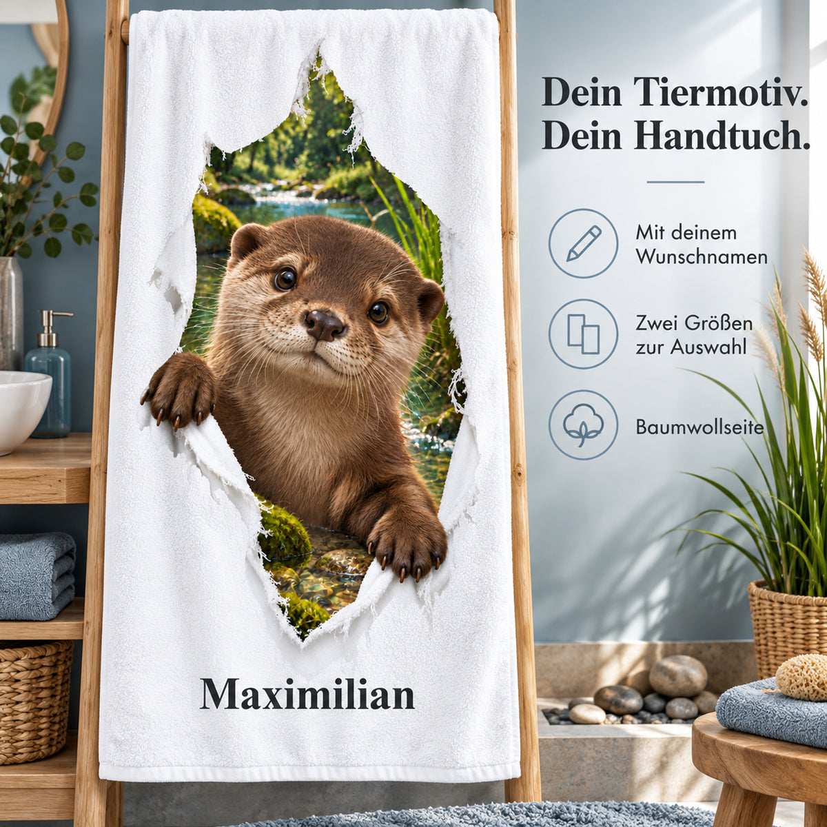 Handtuch mit Otter-Motiv, Namensaufdruck und Hinweisen zu Produkt und Größen
