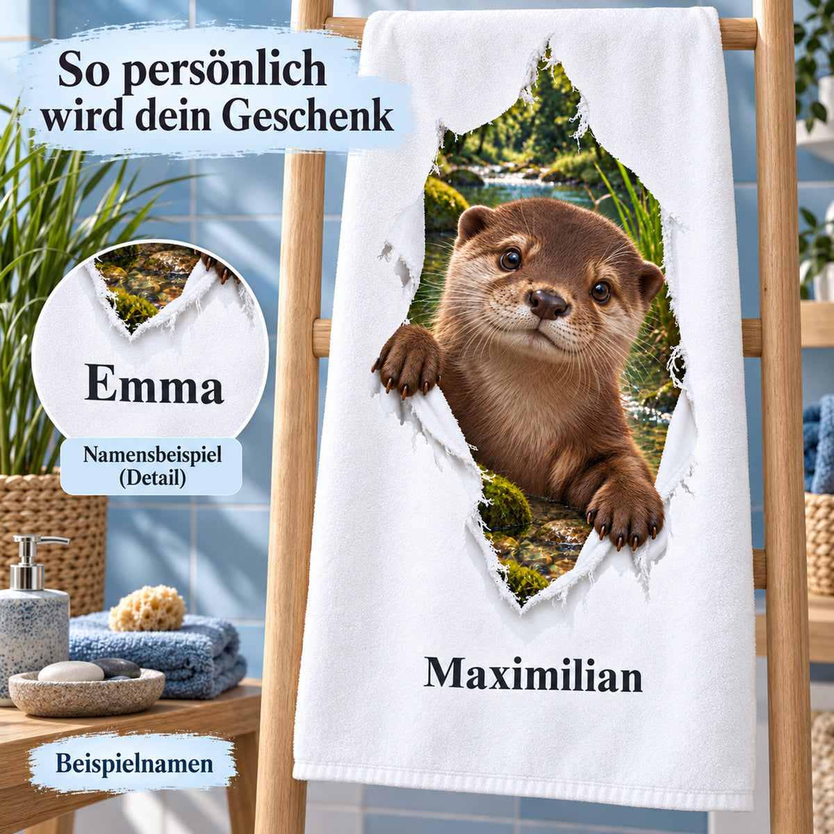 Otter-Handtuch mit Namensaufdruck und Detailausschnitt eines weiteren Namensbeispiels