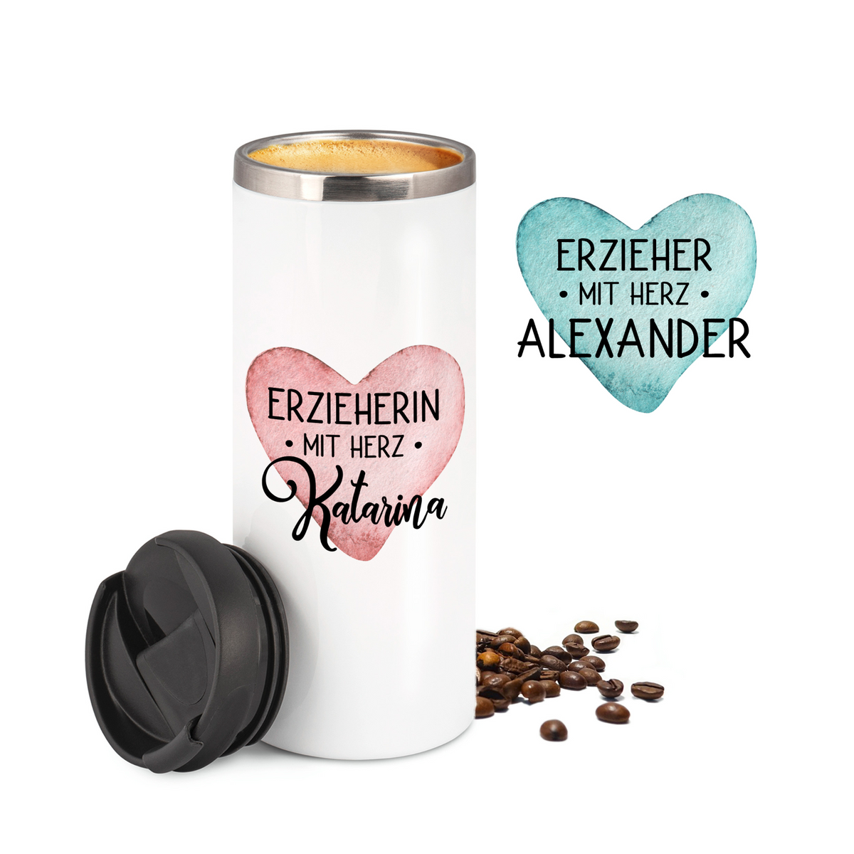 Weißer Thermobecher mit Herzdesign, personalisiert für Erzieher.