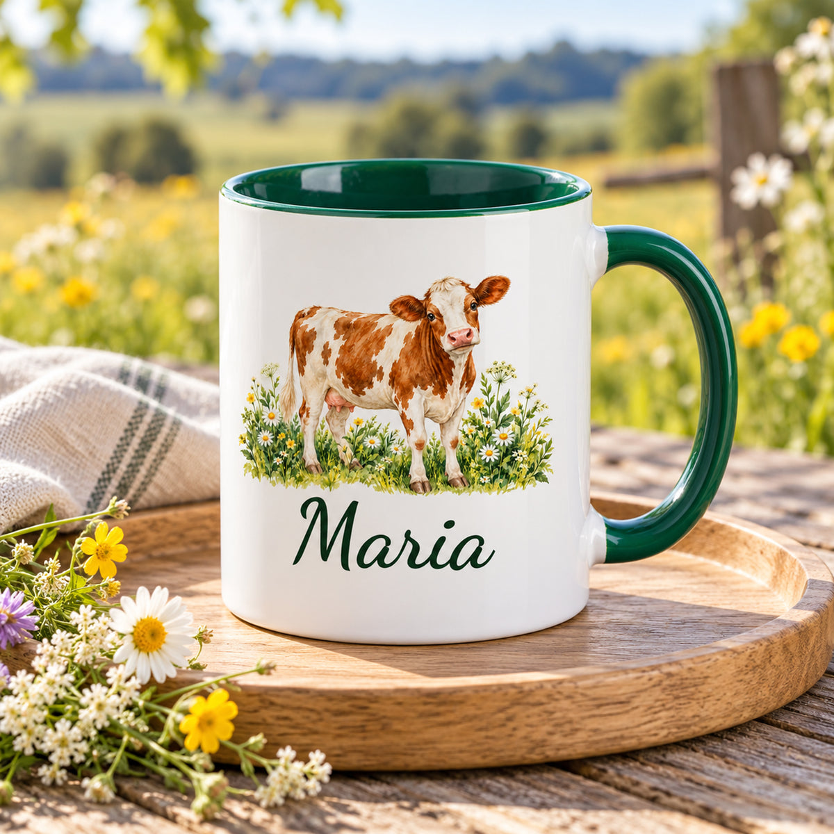 Kuh-Tasse mit braun-weißer Kuh zwischen Wildblumen und Wunschname auf einem Holztablett mit Stoffserviette und Wiesenblumen
