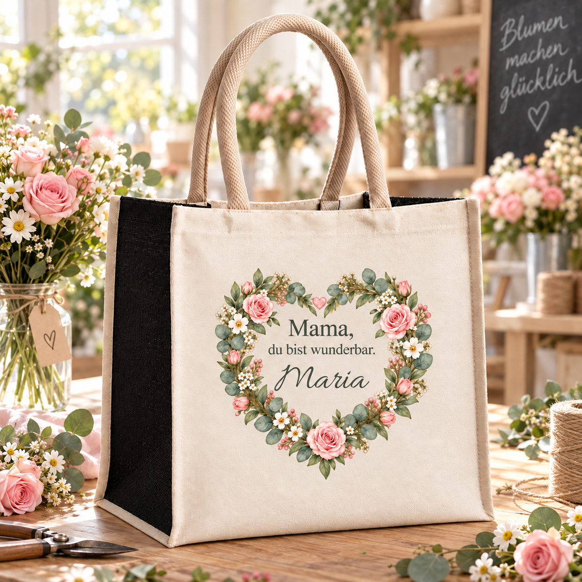 Mama-Tasche mit Blütenherz und Wunschname im Blumenatelier