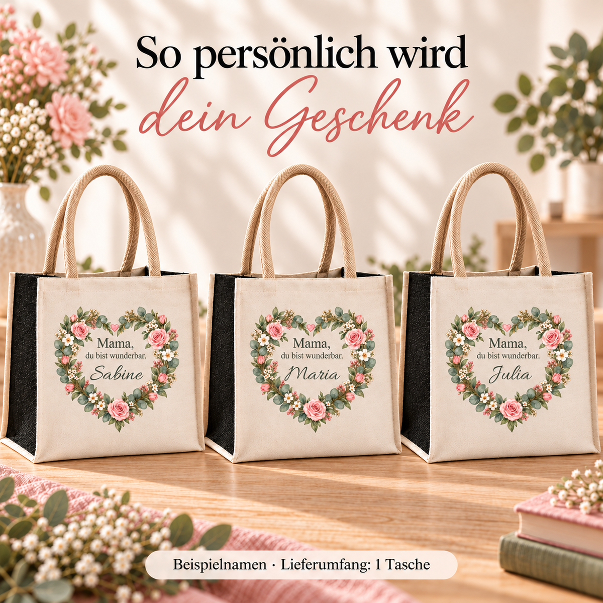 Beispielnamen auf Mama-Taschen mit Blütenherz und schwarzen Juteseiten