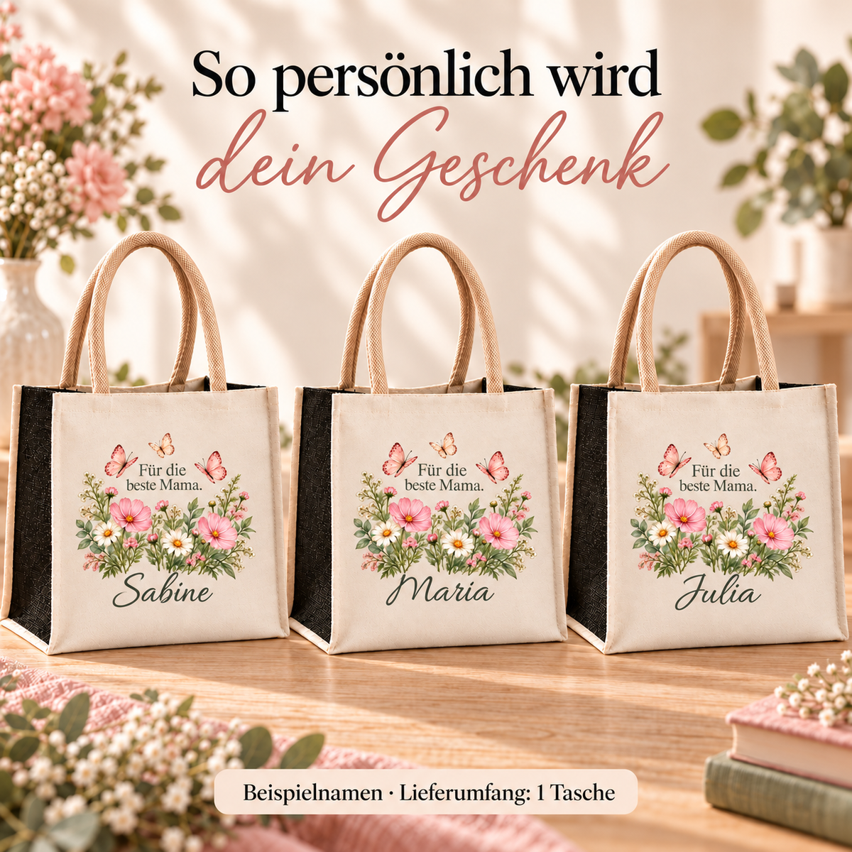 Beispielnamen auf Mama-Taschen mit Schmetterlingen und schwarzen Juteseiten