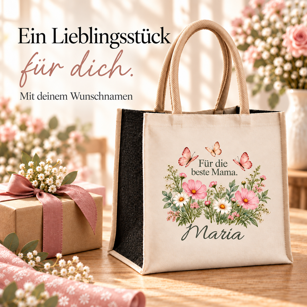 Personalisierte Tasche mit Schmetterlingen als Geschenk für Mama