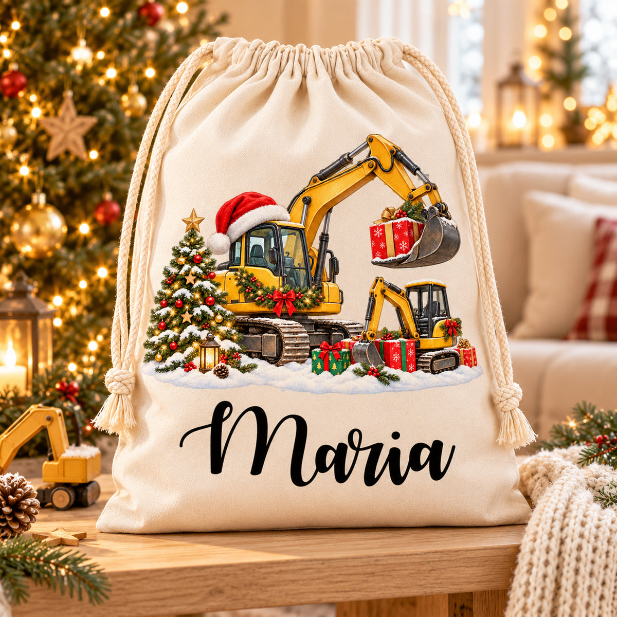 Nikolaussack mit weihnachtlichem Baggermotiv auf einem Holztisch vor Tannenbaum und hellem Sofa.
