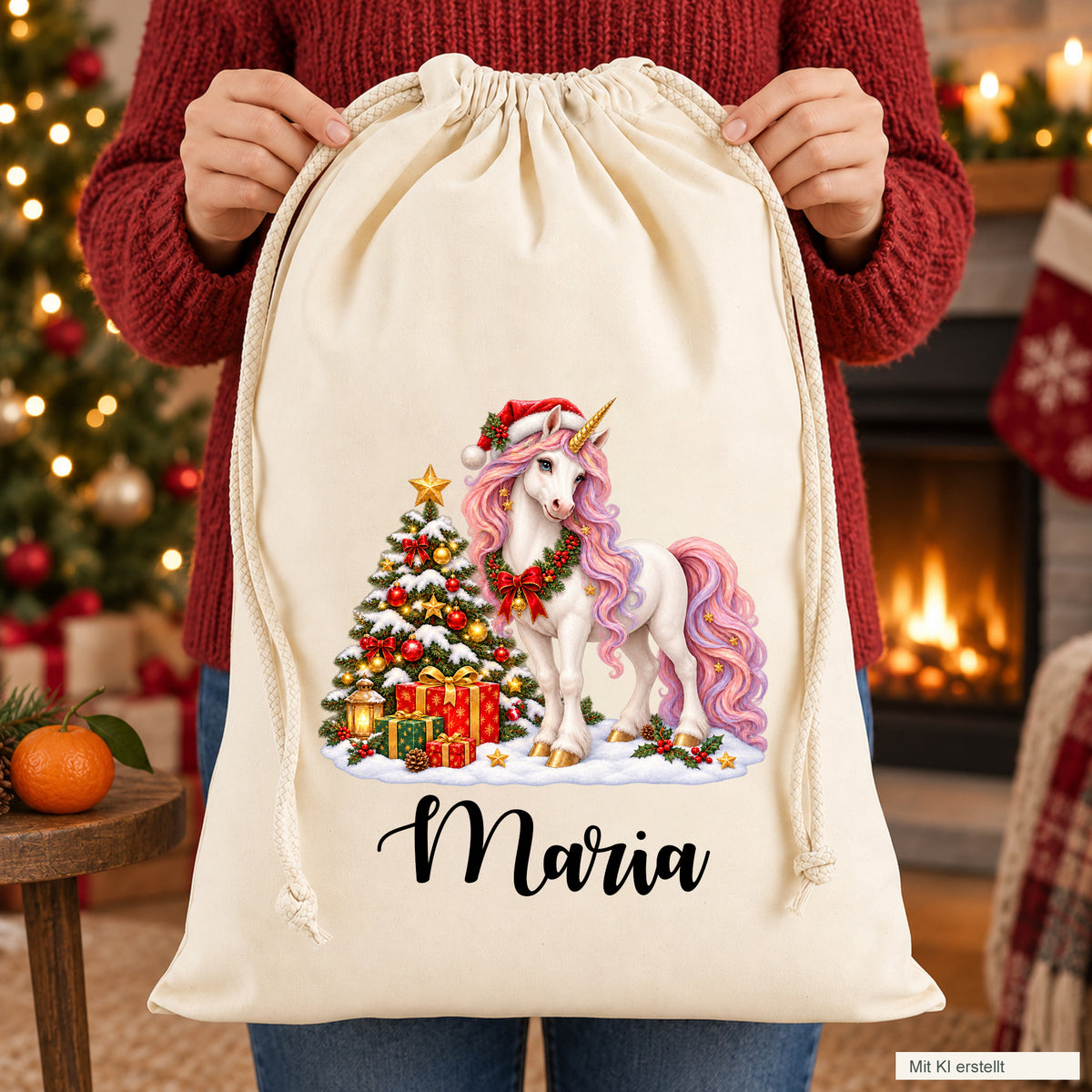 Nikolaussack mit einem weihnachtlichen Einhorn und dem Beispielnamen Maria, von einer Person im roten Pullover mit beiden Händen gehalten. Unten rechts steht „Mit KI erstellt“.