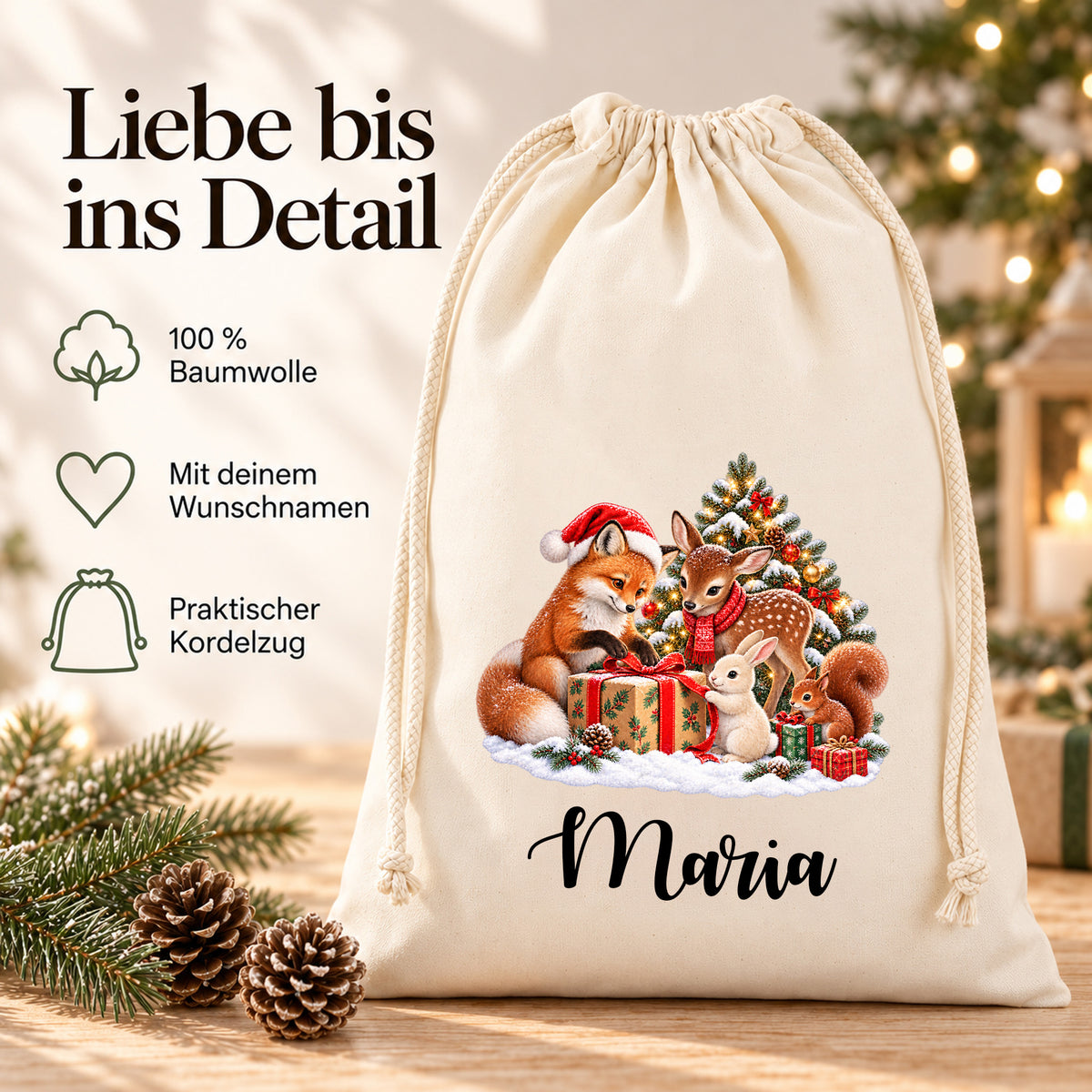 Nikolaussack mit Fuchs, Rehkitz, Hase und Eichhörnchen um ein Geschenkpaket; Hinweise im Bild: 100 % Baumwolle, mit deinem Wunschnamen und praktischer Kordelzug.
