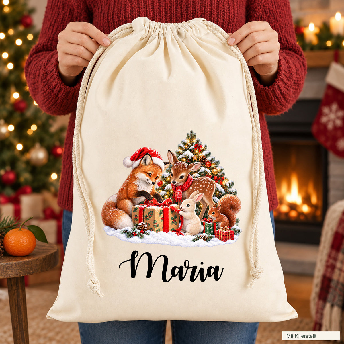 Nikolaussack mit weihnachtlichen Waldtieren und dem Beispielnamen Maria, von einer Person im roten Pullover mit beiden Händen gehalten. Unten rechts steht „Mit KI erstellt“.