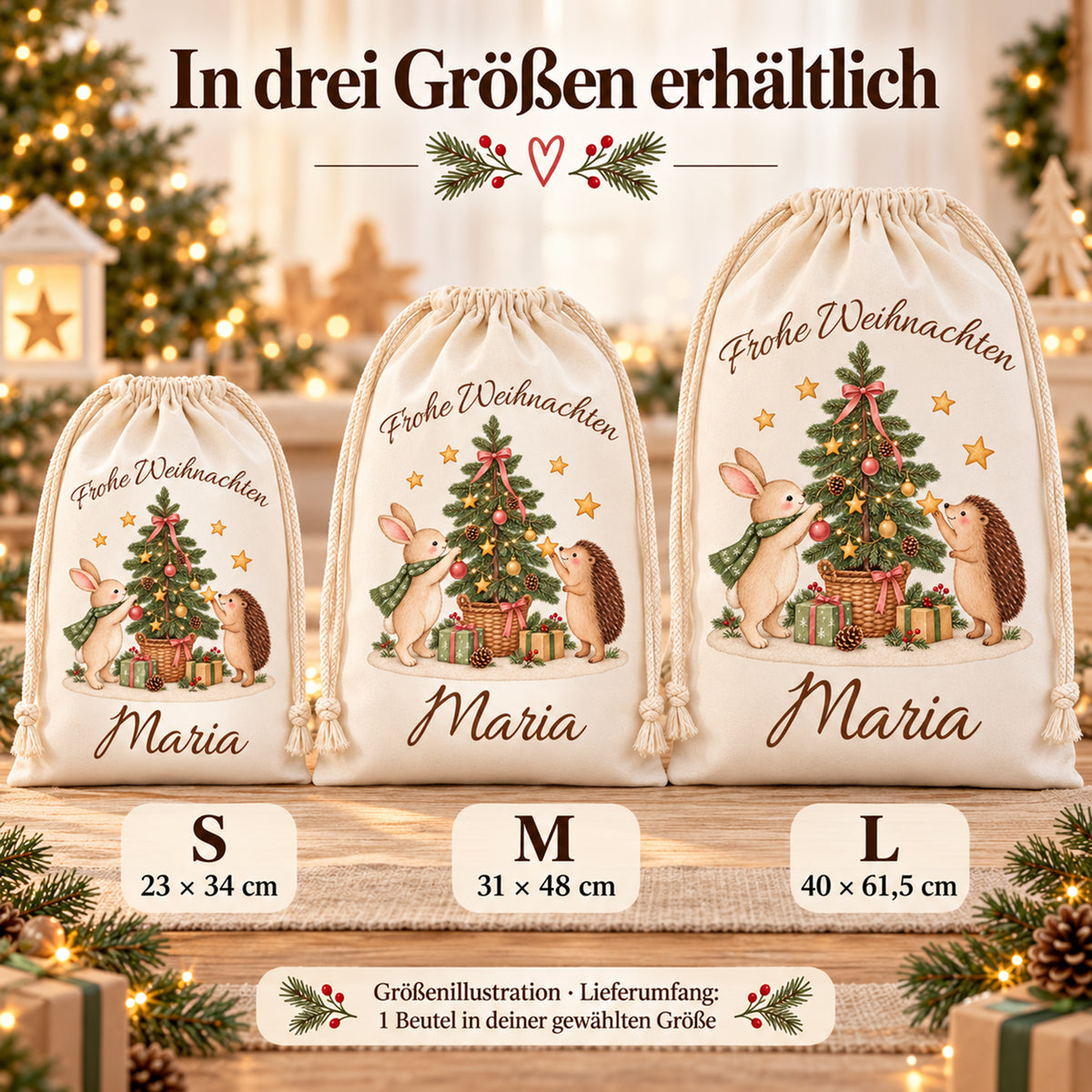 Nikolaussäcke mit Hase und Igel im Größenvergleich: S 23 × 34, M 31 × 48 und L 40 × 61,5 cm.