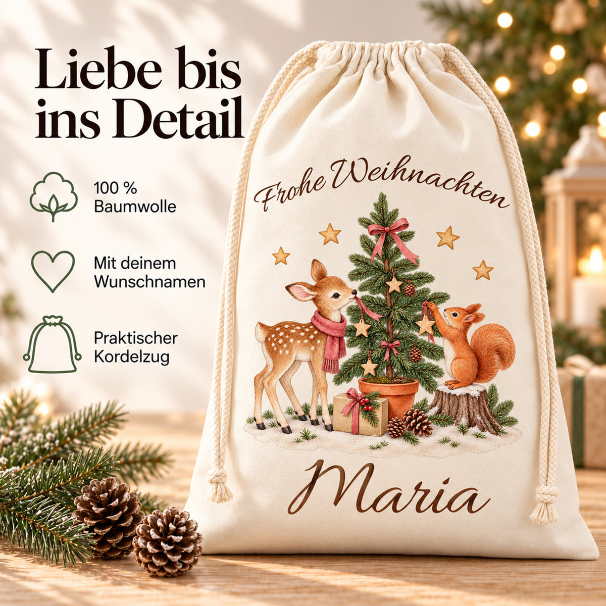 Nikolaussack mit Reh und Eichhörnchen; Hinweise zu Baumwolle, Wunschname und praktischem Kordelzug.