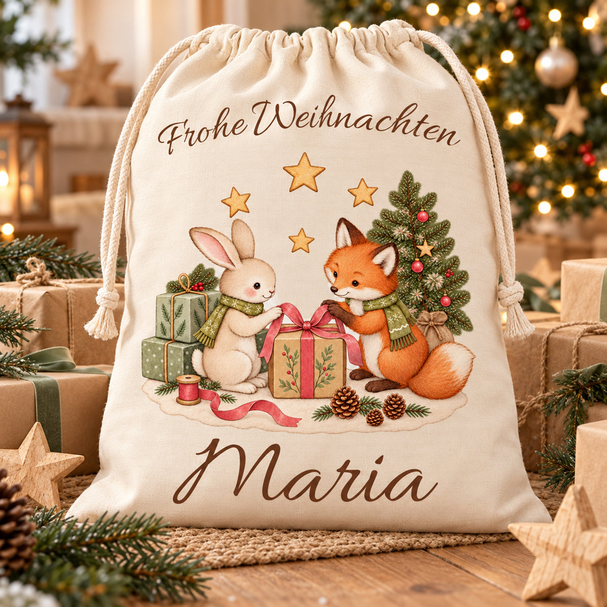 Nikolaussack mit Fuchs und Hase und Wunschname zwischen Geschenken vor einem beleuchteten Weihnachtsbaum.