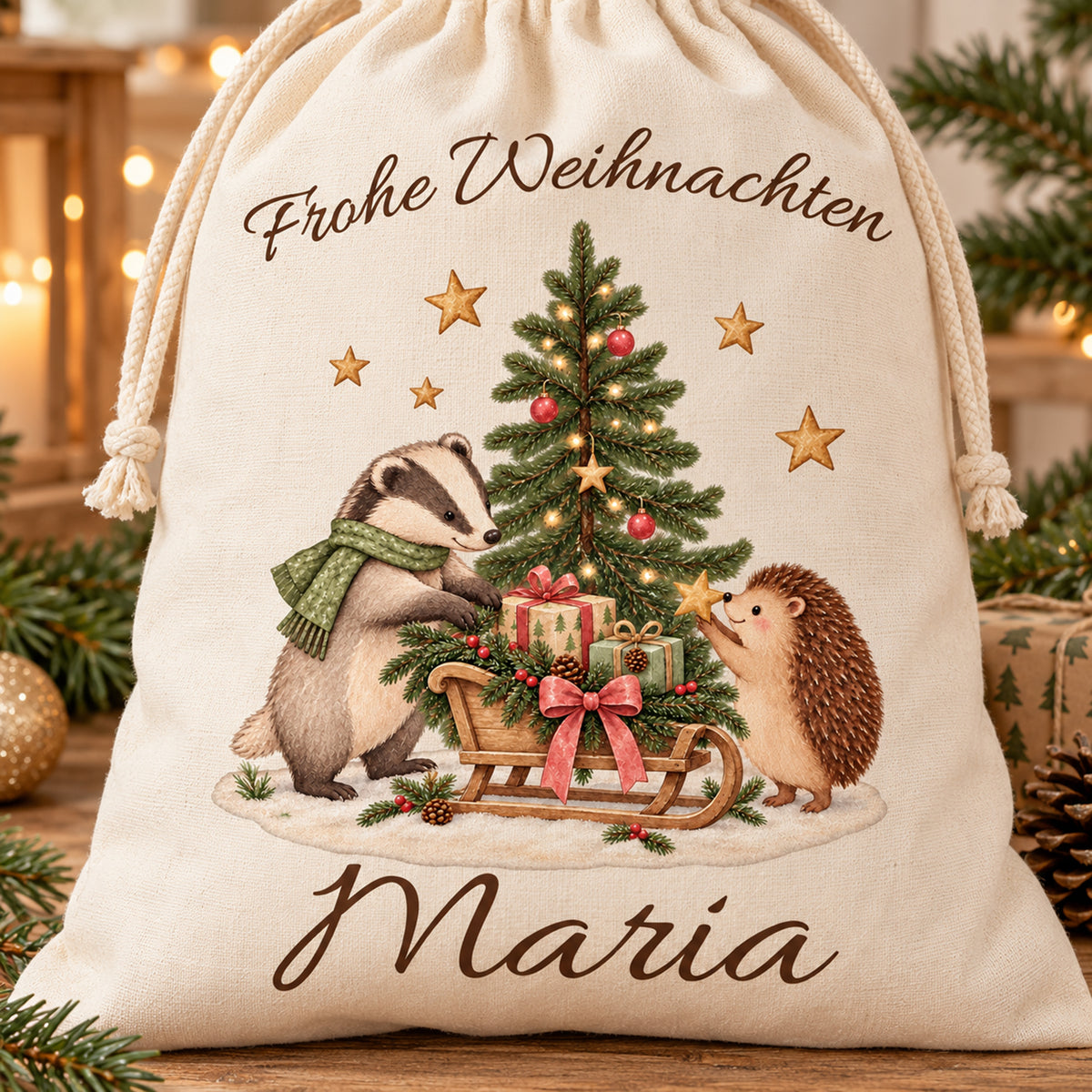 Nahaufnahme des Nikolaussacks mit Dachs und Igel, Wunschname und sichtbarer Stoffstruktur.