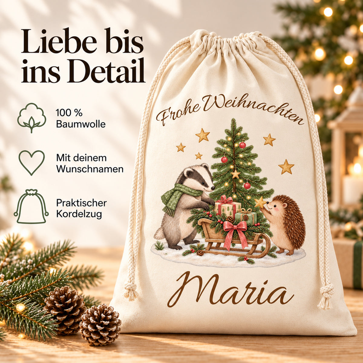 Nikolaussack mit Dachs und Igel; Hinweise zu Baumwolle, Wunschname und praktischem Kordelzug.