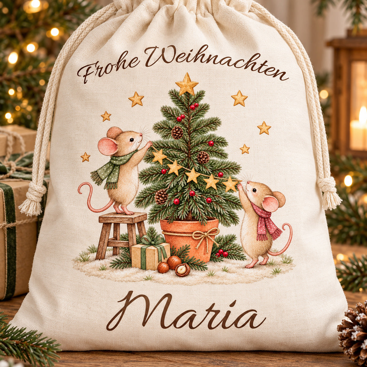 Nahaufnahme des Nikolaussacks mit zwei Mäusen, Wunschname und sichtbarer Stoffstruktur.