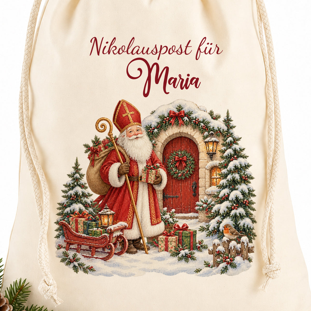 Detail von Baumwollstoff und bedrucktem Motiv Nikolauspost mit Wunschname