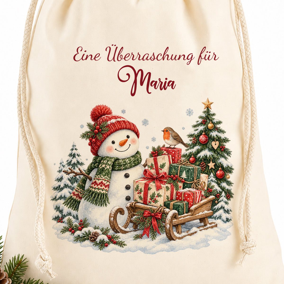 Detail von Baumwollstoff und bedrucktem Motiv Schneemann mit Wunschname