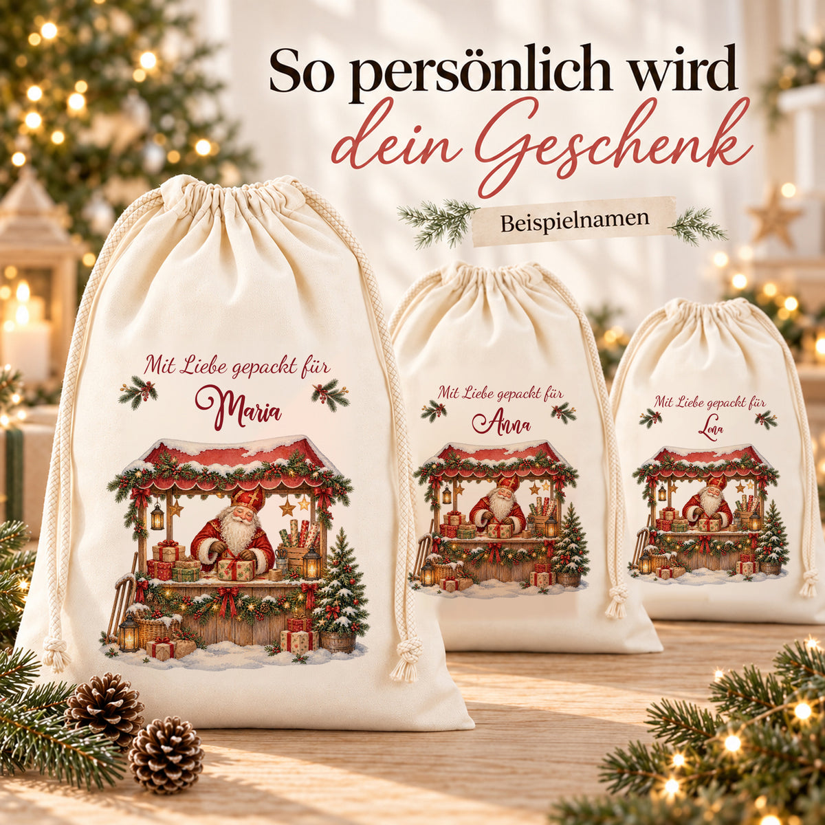 Drei Nikolaussäcke mit Motiv Geschenkestand zeigen unterschiedliche Namenspersonalisierungen