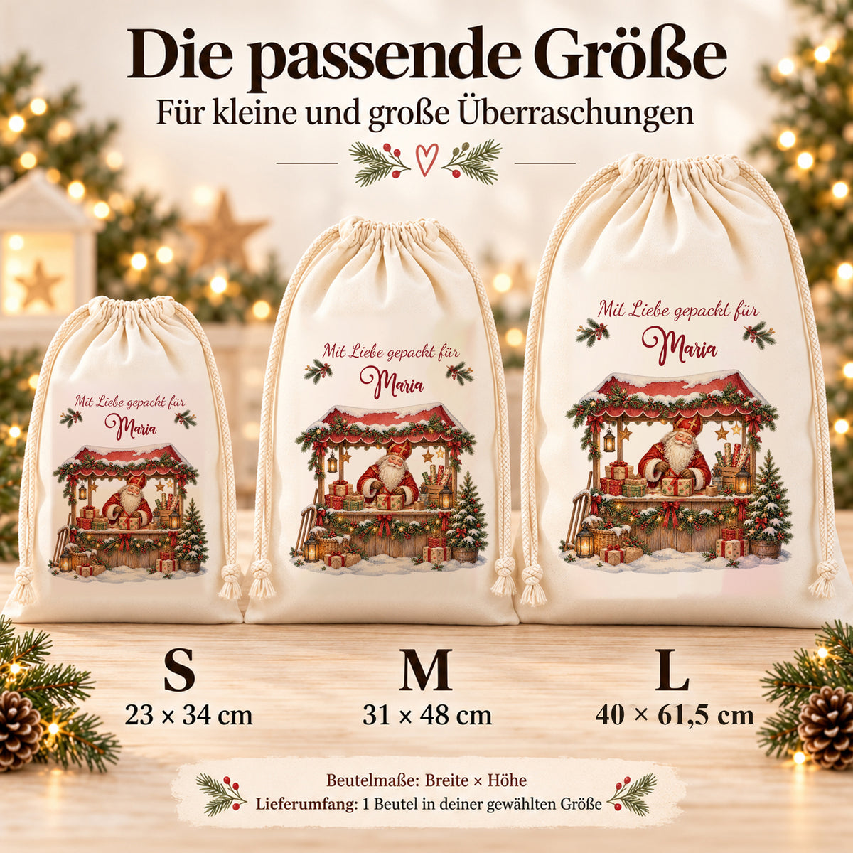 Nikolaussack Geschenkestand im Größenvergleich: S 23 × 34 cm, M 31 × 48 cm und L 40 × 61,5 cm, jeweils Breite × Höhe.