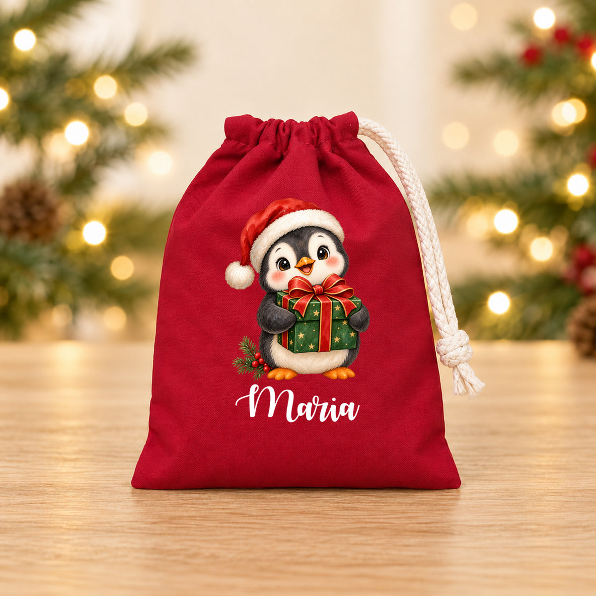 Nikolaussäckchen Pinguin mit Geschenk mit Wunschname in Rot, 15 × 20 cm