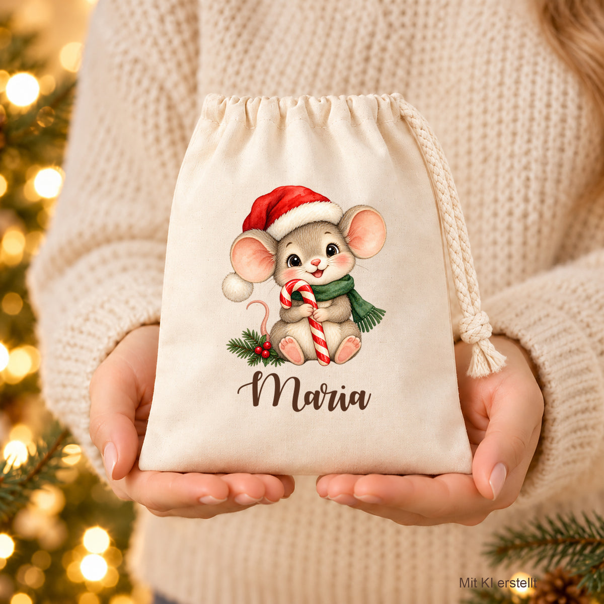 Naturfarbenes Nikolaussäckchen mit Weihnachtsmaus mit Zuckerstange und personalisiertem Namen in zwei Händen vor einem cremefarbenen Pullover.