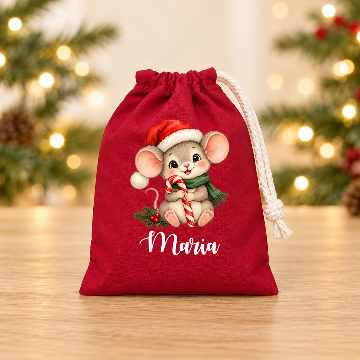 Nikolaussäckchen Weihnachtsmaus mit Zuckerstange mit Wunschname in Rot, 15 × 20 cm