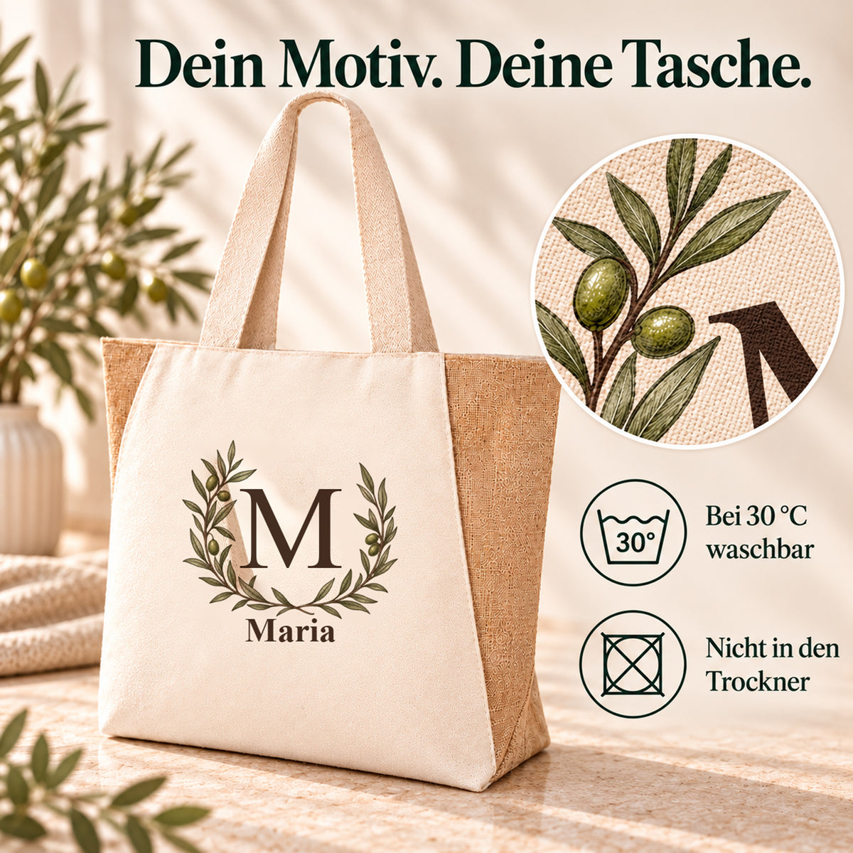 Pflege des Shoppers mit offenem Olivenkranz: bei 30 °C waschbar, nicht für den Trockner.