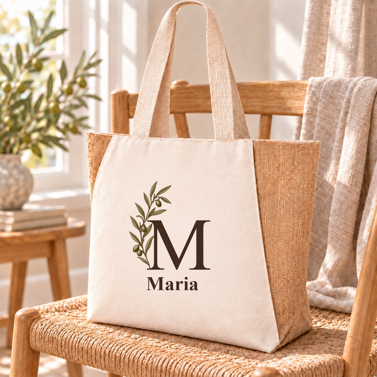 Personalisierter Shopper mit seitlicher Olivenranke, Initial und Wunschname in einer Alltagsszene.