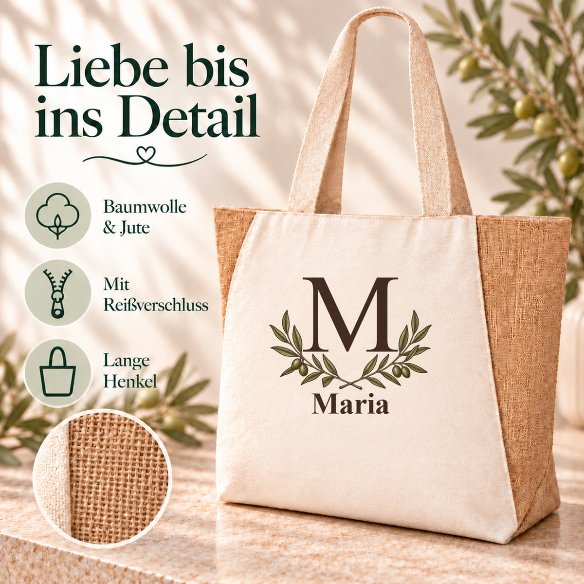 Shopper mit Olivenzweigpaar und Angaben zu Baumwolle, Jute und Reißverschluss.