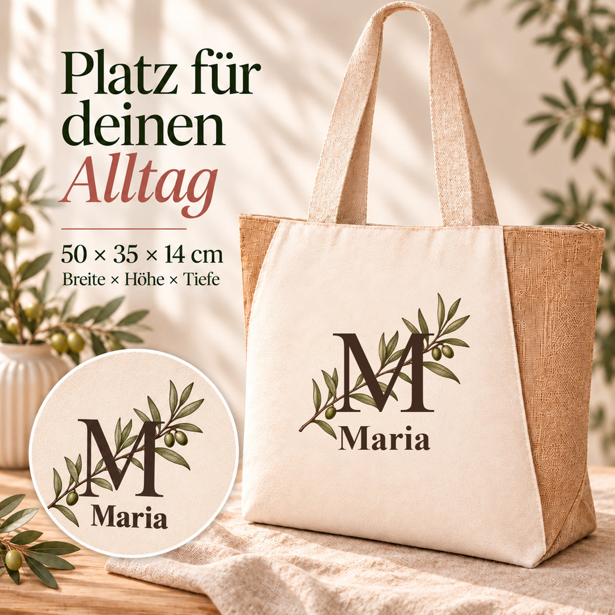 Shopper mit diagonalem Olivenzweig und Maßangaben: 50 × 35 × 14 cm.