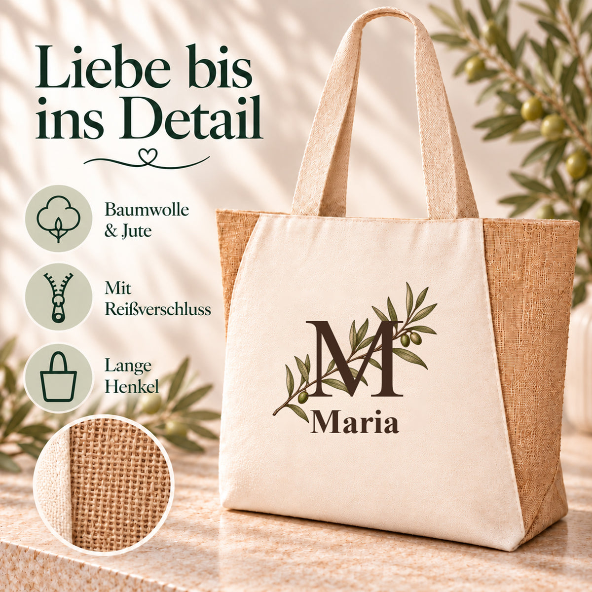Shopper mit diagonalem Olivenzweig und Angaben zu Baumwolle, Jute und Reißverschluss.