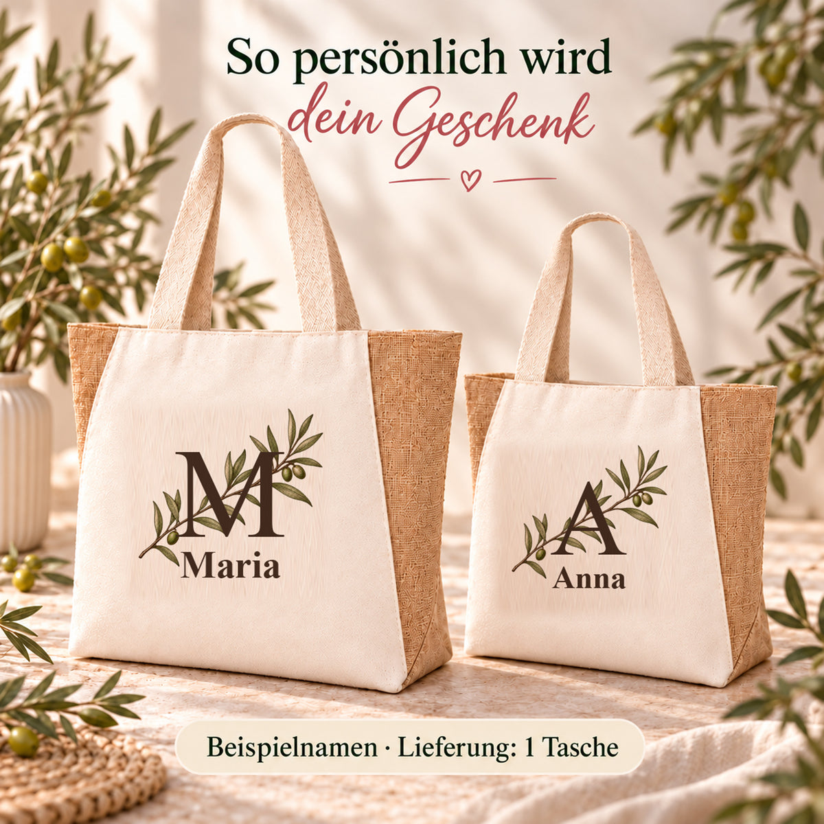 Shopper mit diagonalem Olivenzweig: Wunschname und daraus abgeleiteter Anfangsbuchstabe.