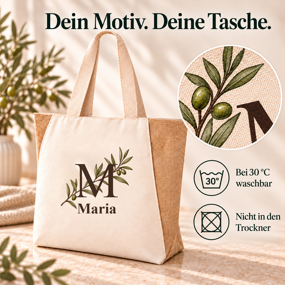 Pflege des Shoppers mit diagonalem Olivenzweig: bei 30 °C waschbar, nicht für den Trockner.
