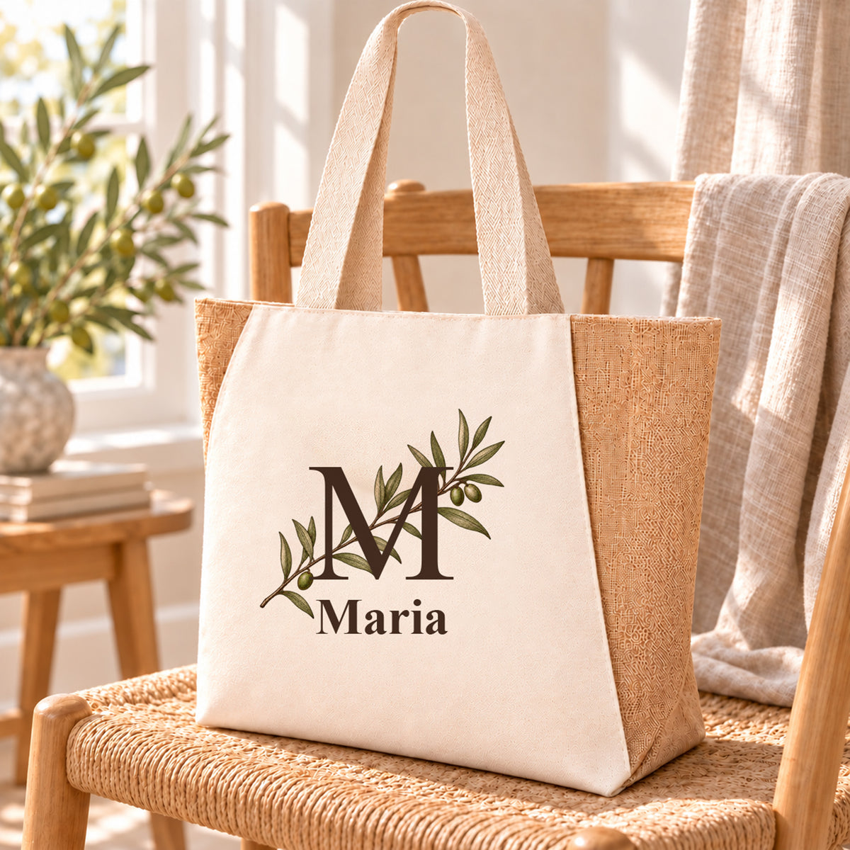 Personalisierter Shopper mit diagonalem Olivenzweig, Initial und Wunschname in einer Alltagsszene.