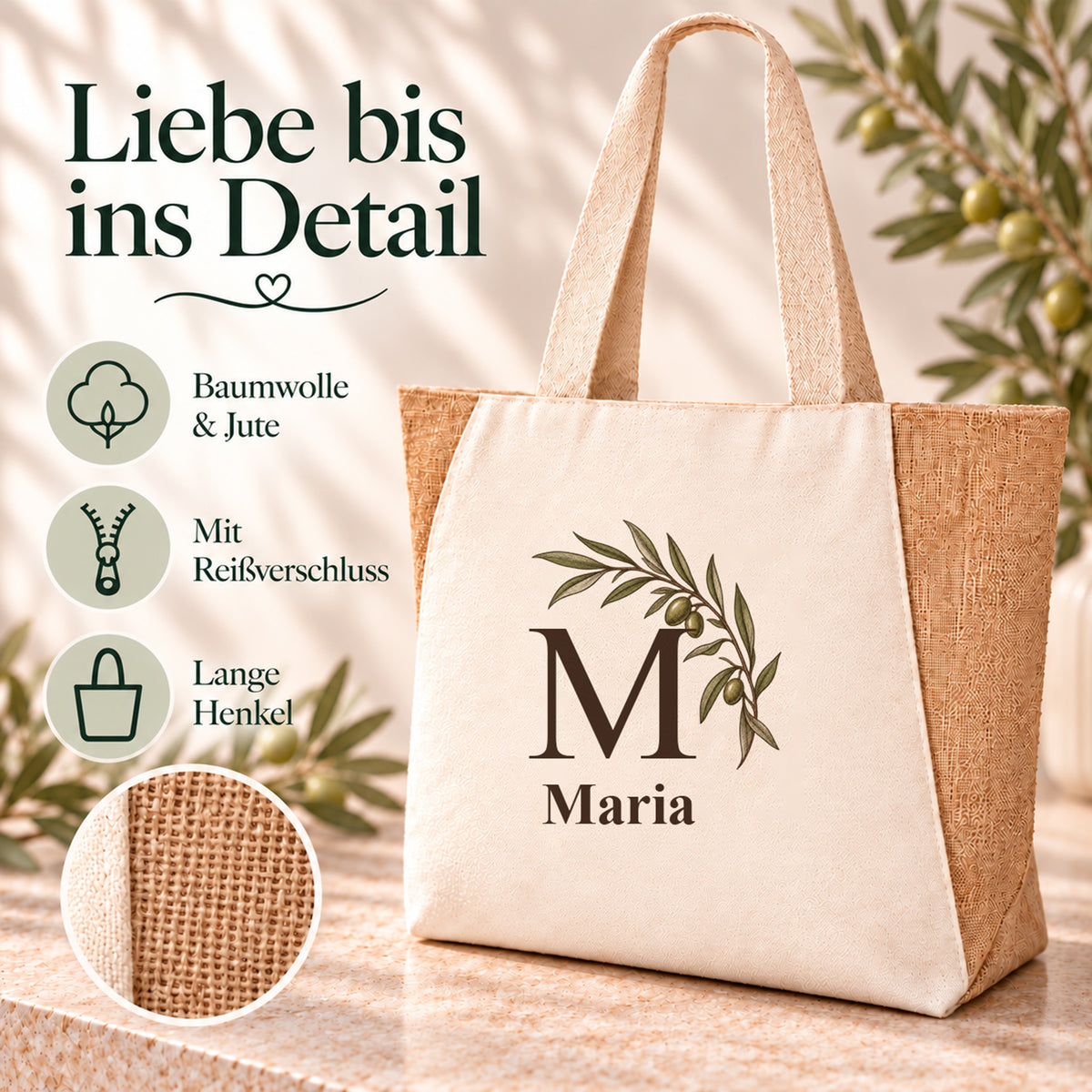 Shopper mit Olivenbogen und Angaben zu Baumwolle, Jute und Reißverschluss.