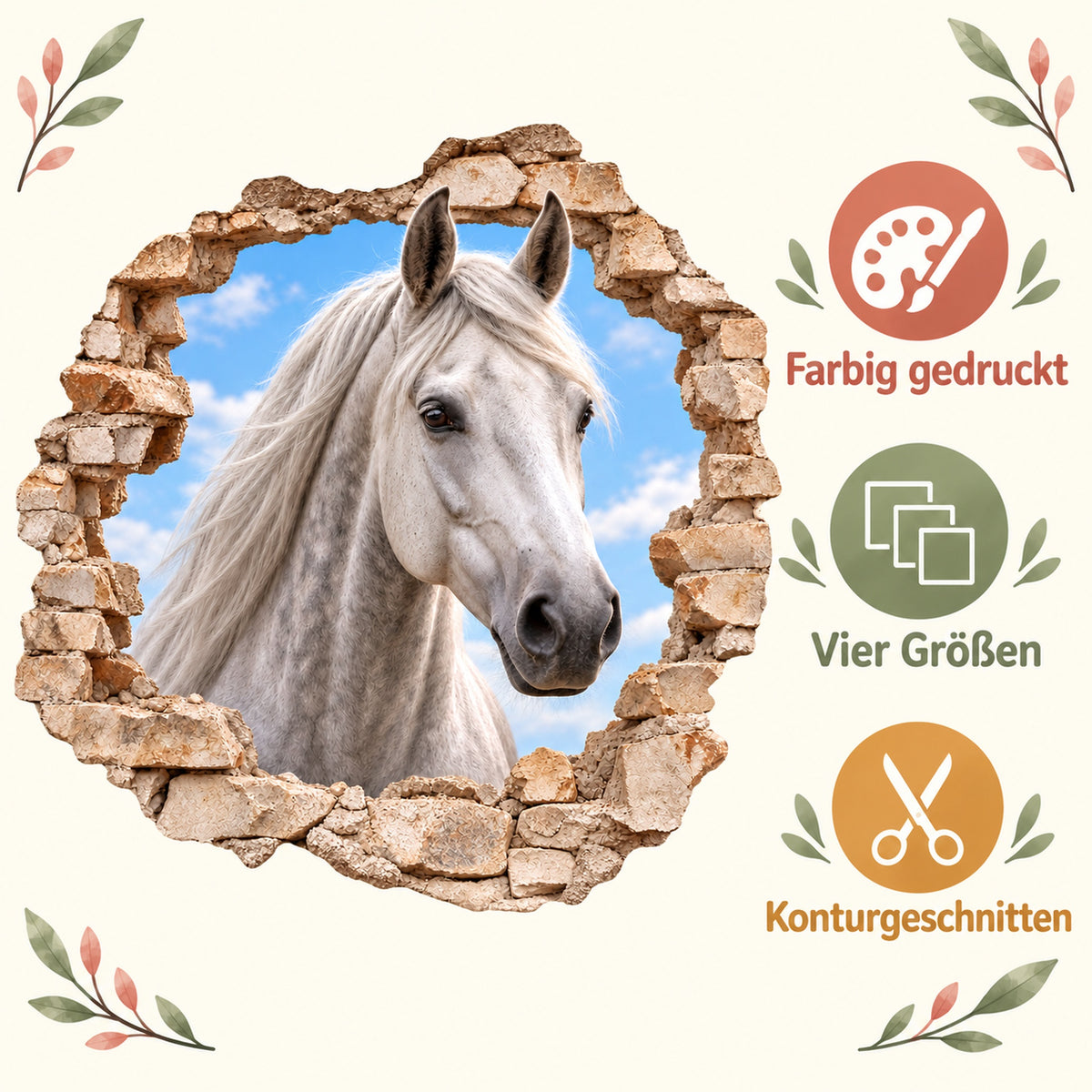 Eigenschaftsbild zum Wandtattoo Pferd Schimmel: farbig gedruckt, vier Größen, konturgeschnitten