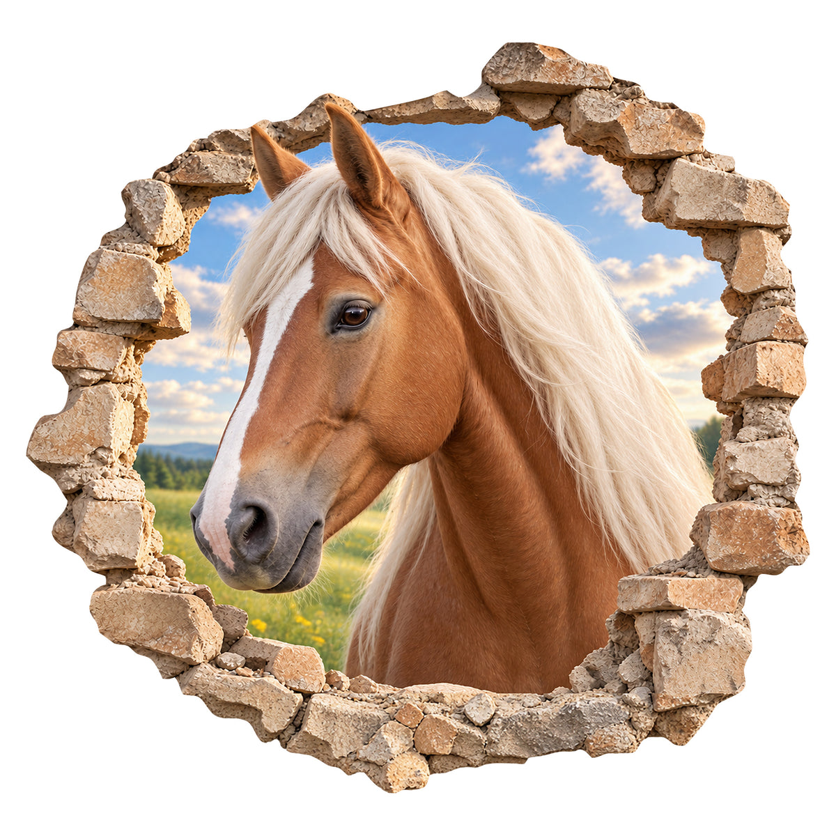 Wandtattoo Pferd Haflinger mit realistischer Mauerdurchbruch-Optik