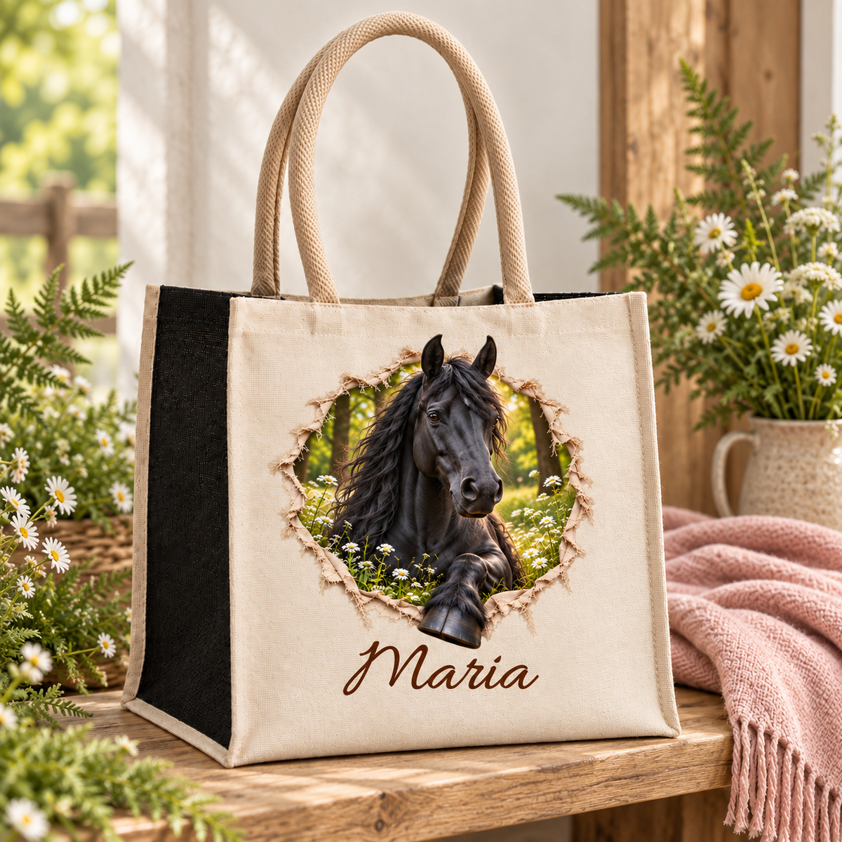 Tasche mit schwarzen Seiten und dem Motiv eines Friesen auf einer hellen Holzbank.