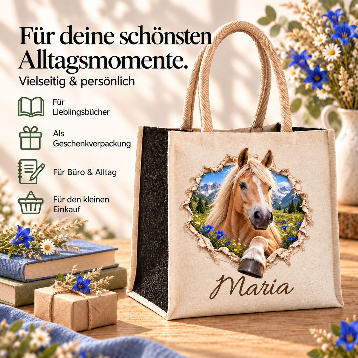 Tasche mit dem Motiv eines Haflingers neben Buch und Hinweisen zur Verwendung im Alltag.