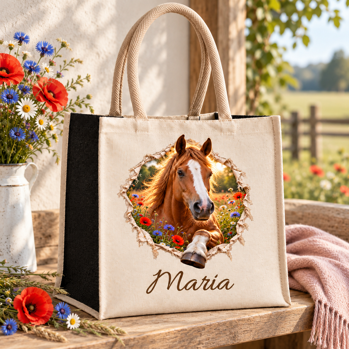 Tasche mit schwarzen Seiten und dem Motiv eines fuchsfarbenen Pferdes auf einer hellen Holzbank.