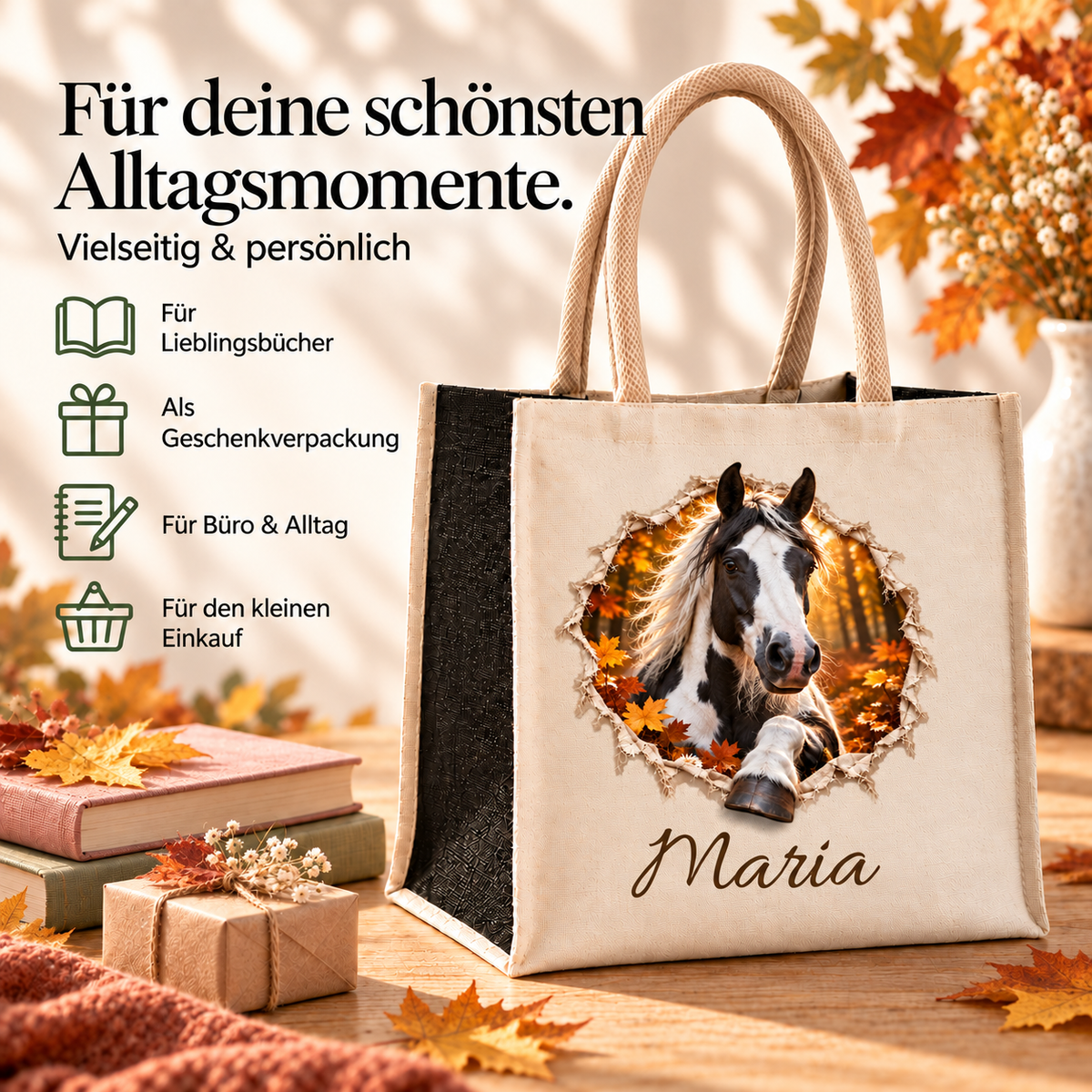 Tasche mit dem Motiv eines Schecken neben Buch und Hinweisen zur Verwendung im Alltag.