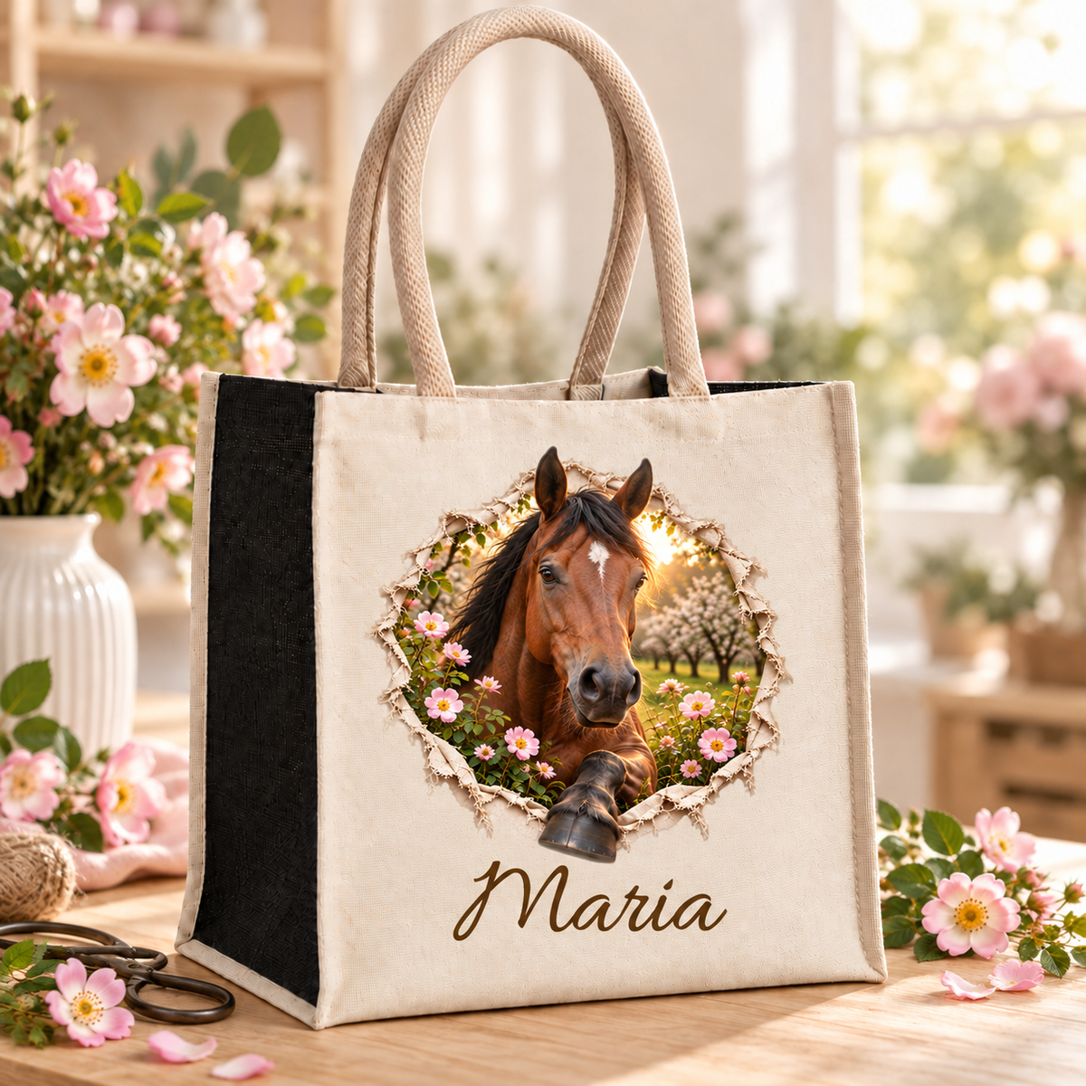 Tasche mit dem Motiv eines braunen Pferdes auf einem Holztisch im Blumenatelier.