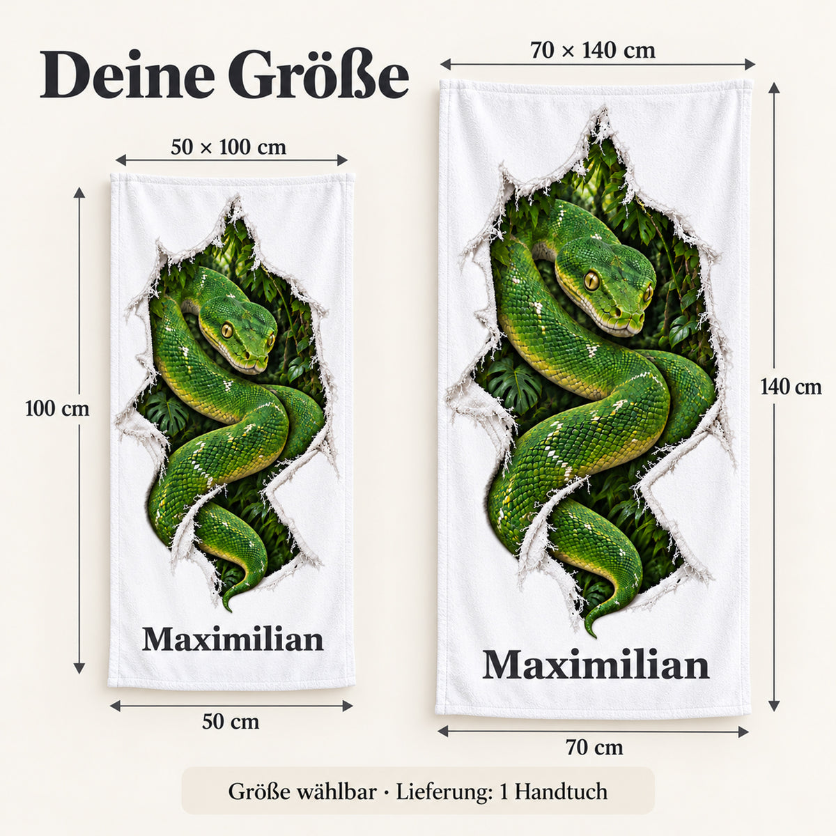 Handtuch mit grünem Baumpython und Wunschname in 50 × 100 und 70 × 140 cm