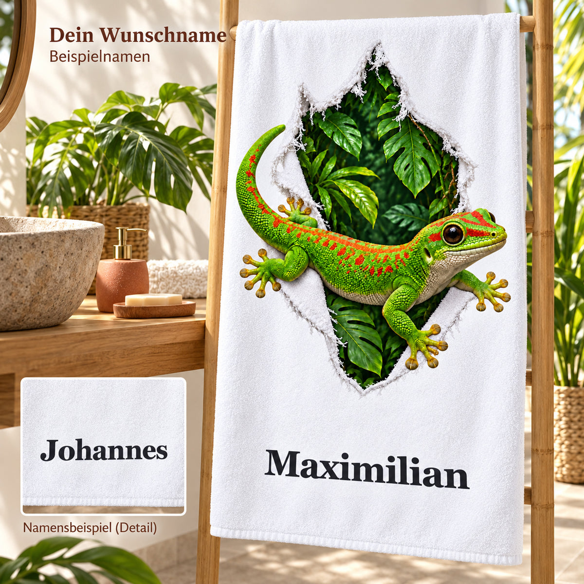 Handtuch mit Gecko und Wunschname sowie separatem Namensdetail