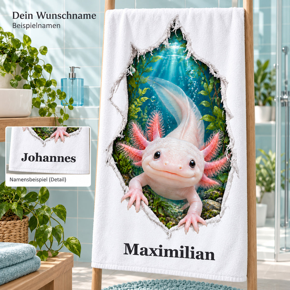Handtuch mit Axolotl und Wunschname sowie separatem Namensdetail