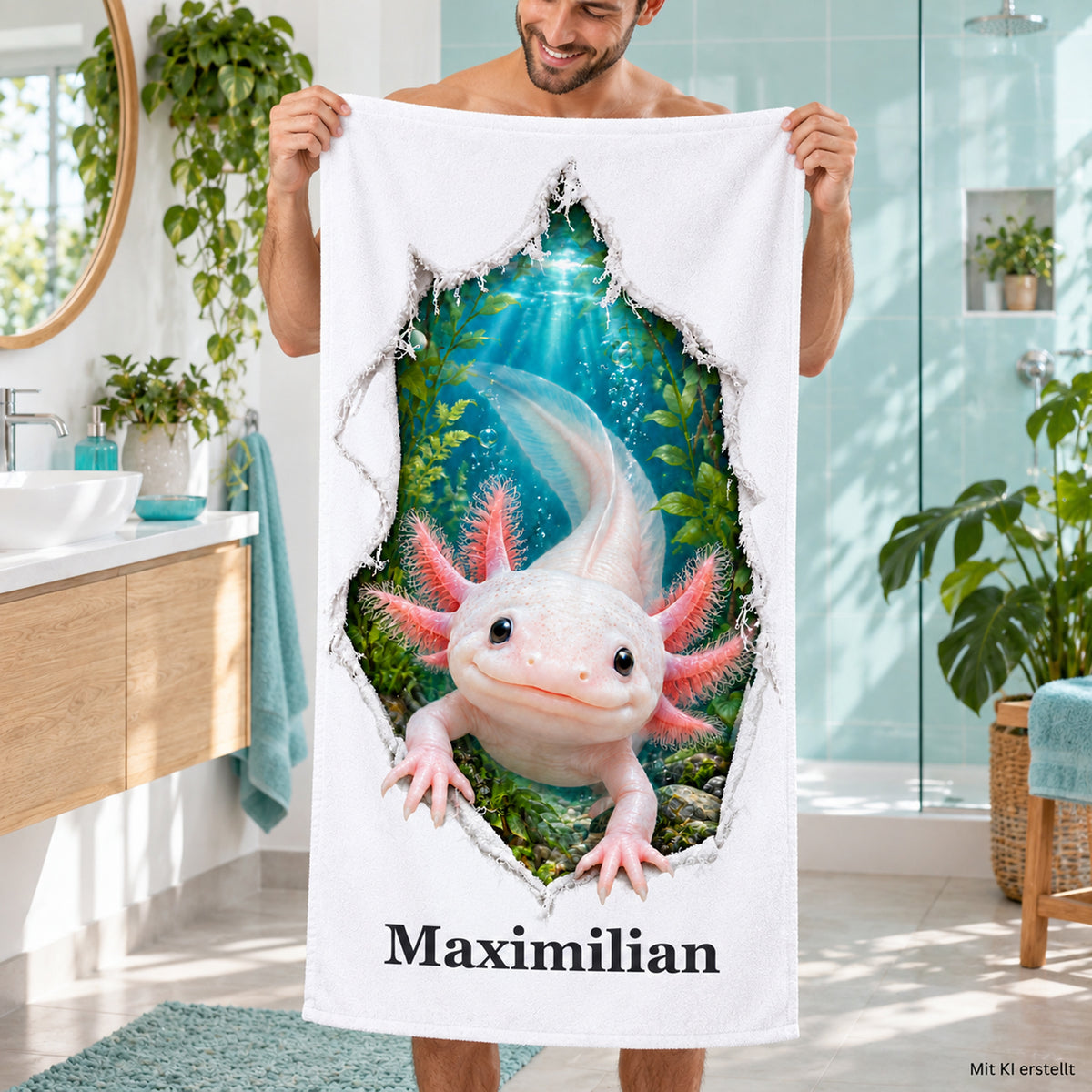 Handtuch mit Axolotl und Wunschname, von einer Person im Bad gehalten