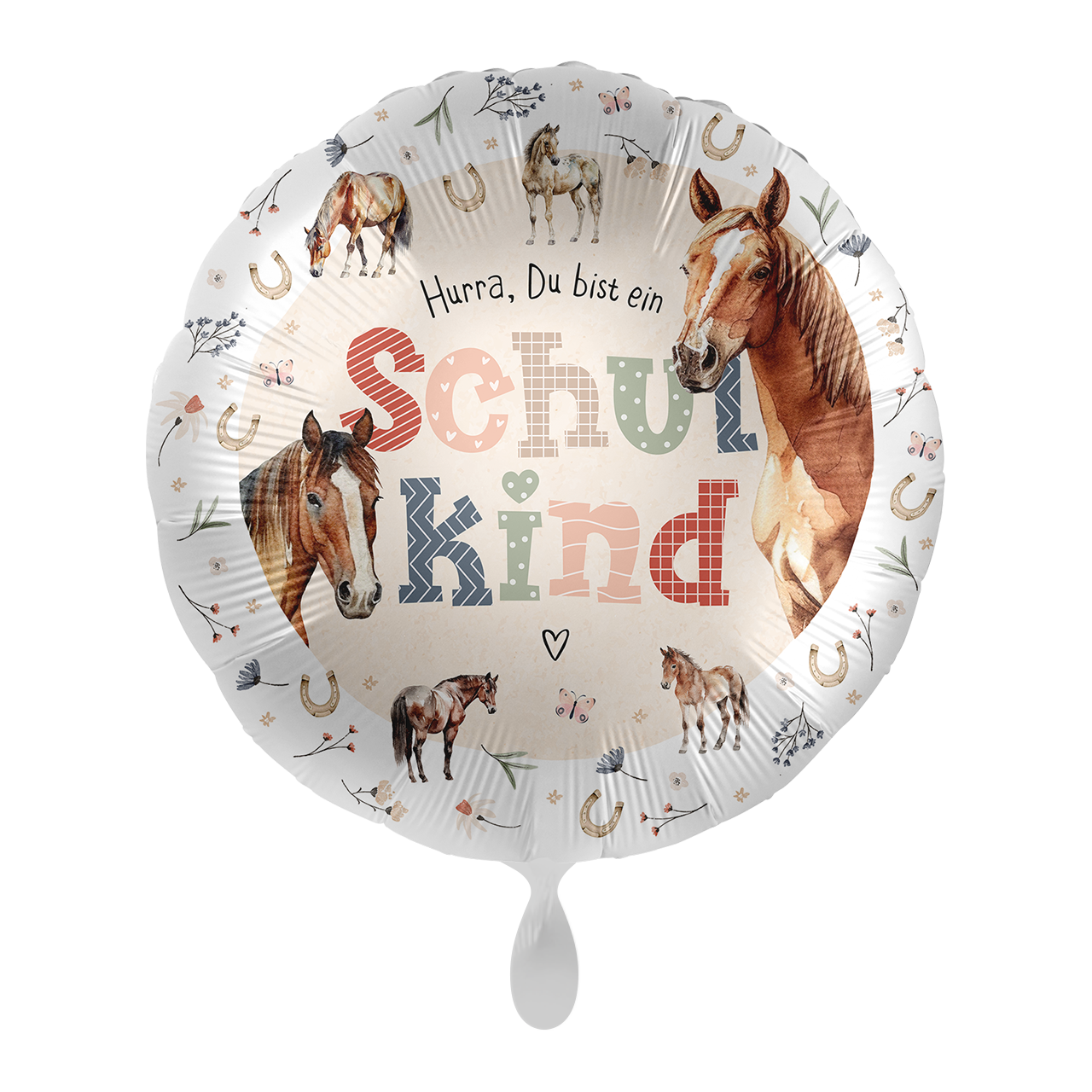 Bunte Schulkind-Luftballon mit Pferdemotiven.
