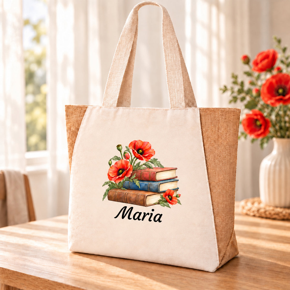 Tasche für Bücherfreunde mit Bücher und Mohn und persönlichem Wunschnamen